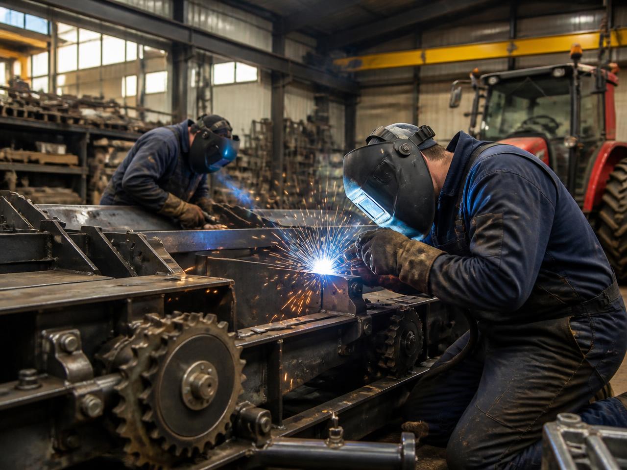 Welders fabricating farm machinery in the Silver Pro Machinery workshop